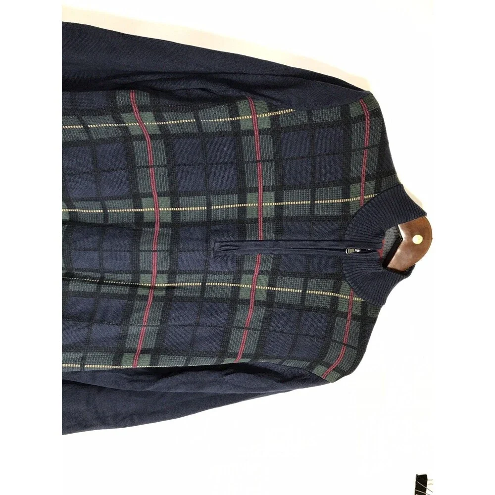 Izod Mens 1/4 Zip Pullover Sweater Size Large Blue Green Plaid Long Sleeve Golf